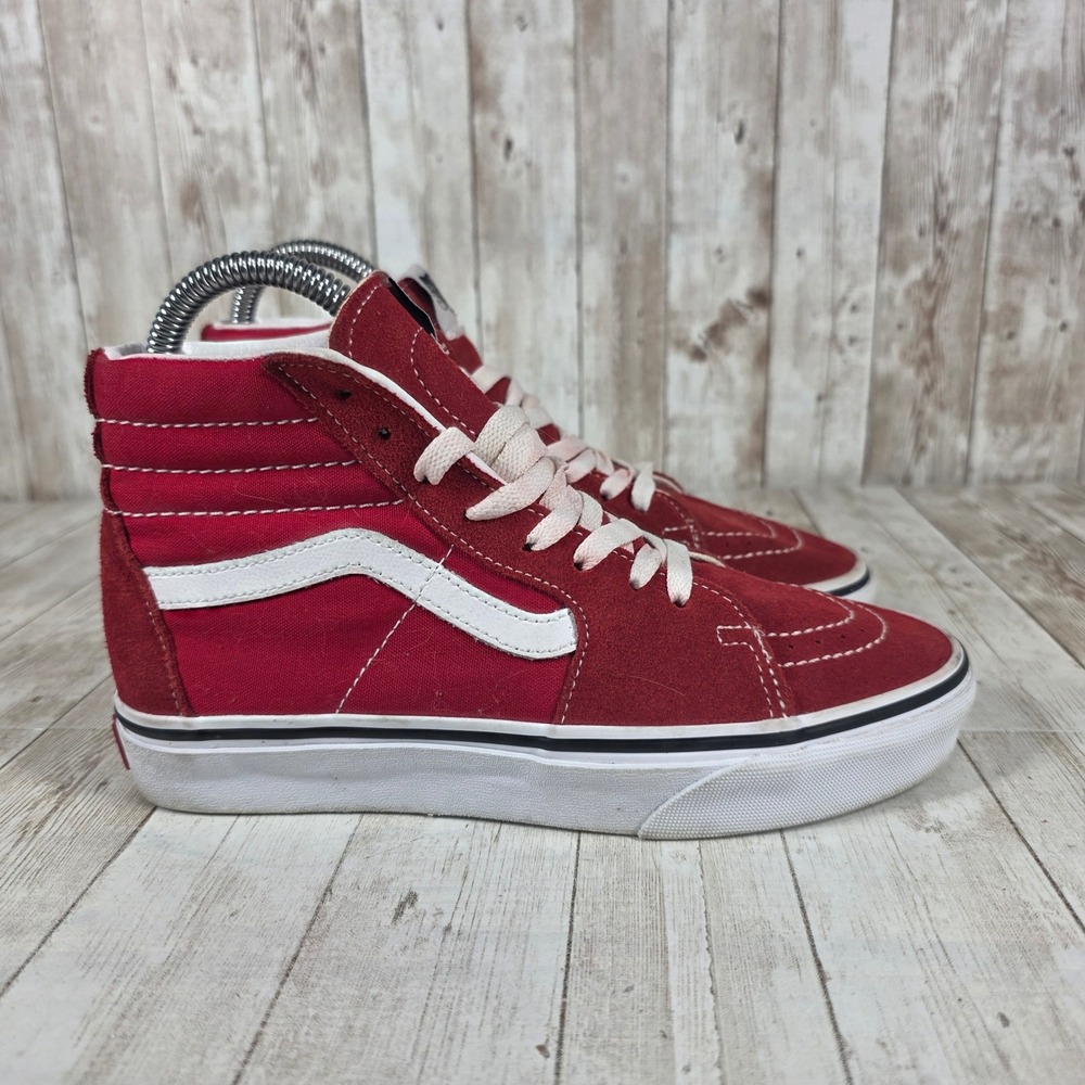Vans Sk8 Hi Red Suede White Stripe High Top Sneakers Women US 6.5‎